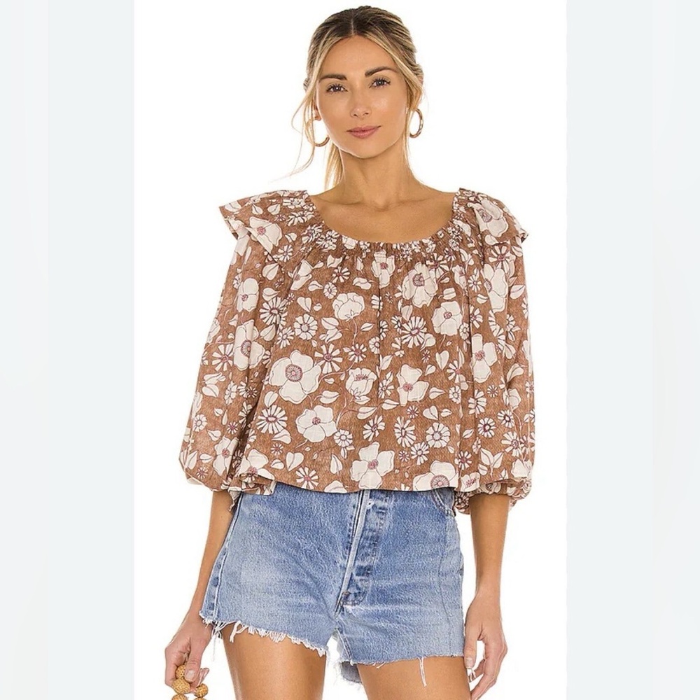 Free People Miss Daisy Printed Top Vintage Combo Long Sleeve Off Shoulder Sz L